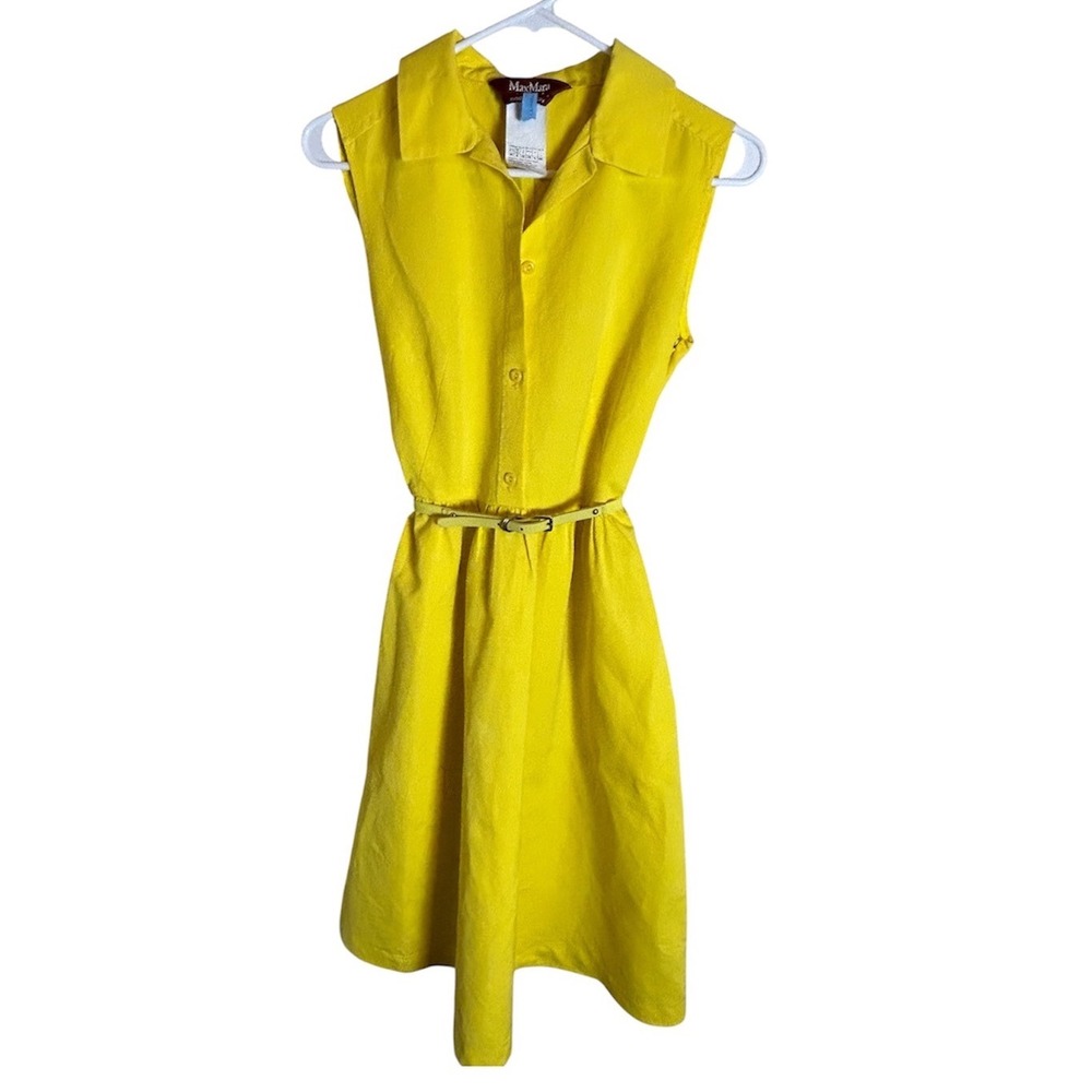 Max Mara Studio Dress Women 6 Bright Yellow Belted Sleeveless Cotton Ramie Italy